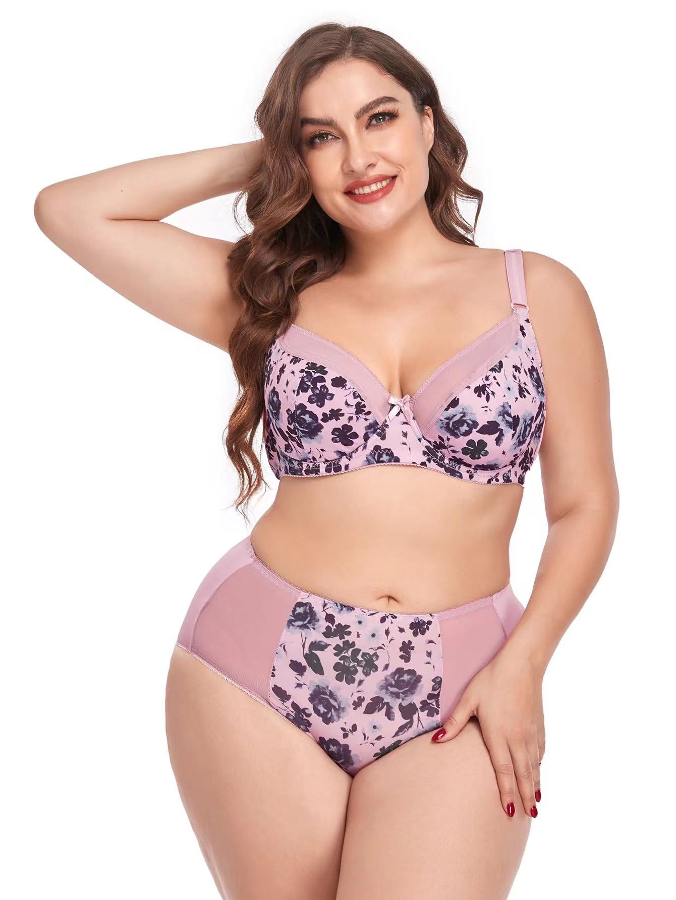 Mesh Flower Print Full Coverage Padded Bra and Brief Panty Set –