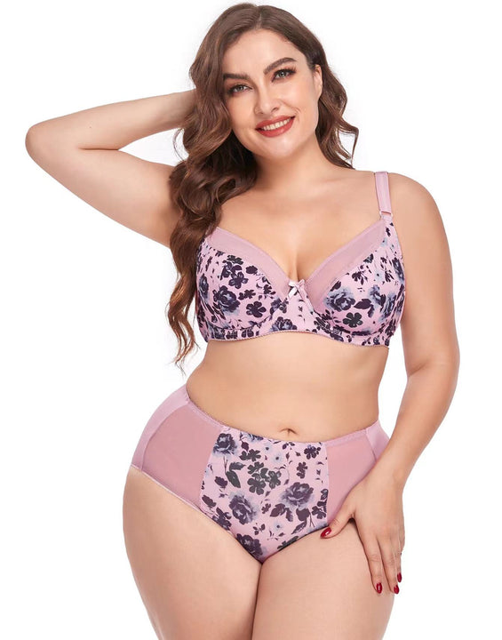 Mesh Flower Print Full Coverage Padded Bra and Brief Panty Set